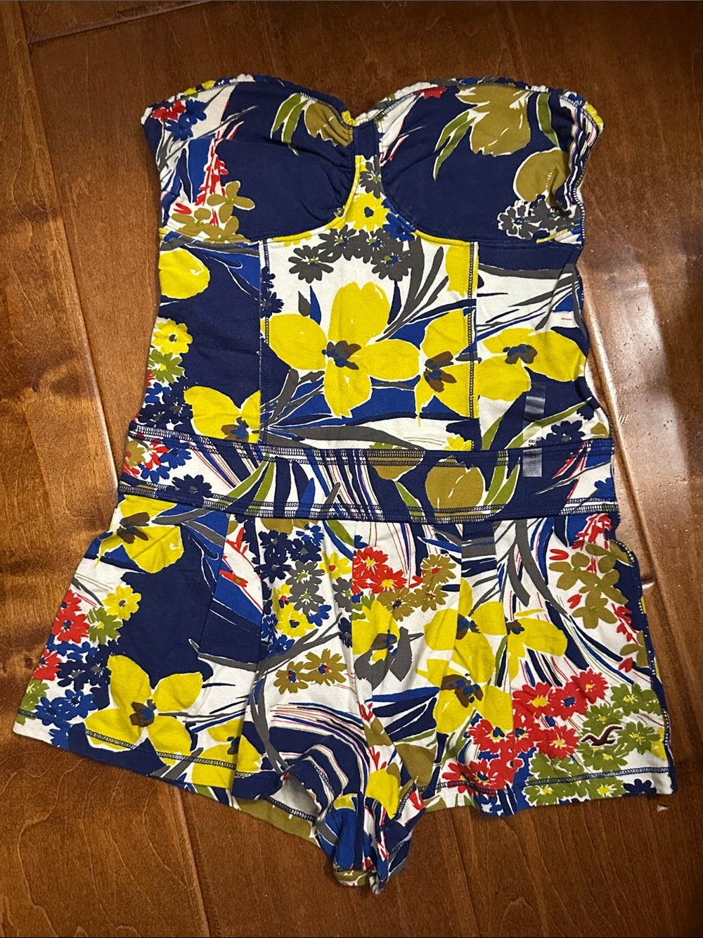 Hollister Floral Strapless One-Piece Romper in Navy and Yellow